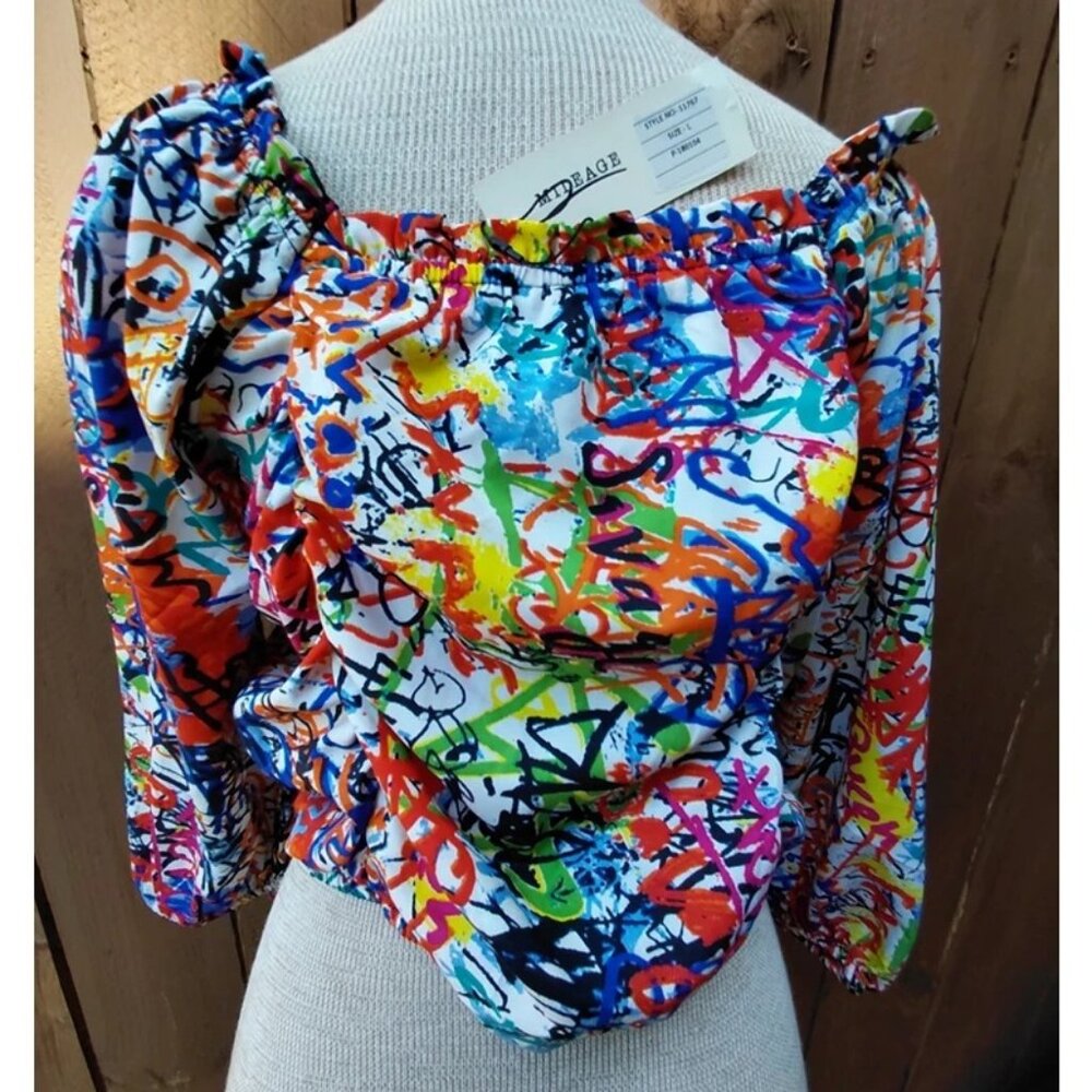 Y2K Mileage Womens Crop Top Large Multicolor Graffiti Print Ruched Drawstring